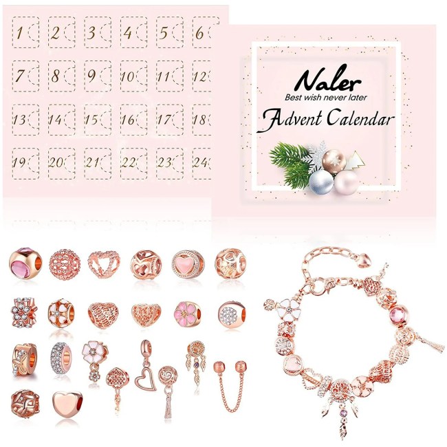 Pink box and rose gold charm bracelet.