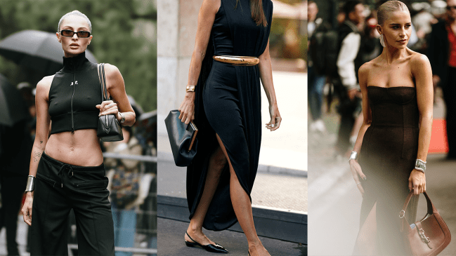 Three fashion week guests wearing statement cuff bracelets.