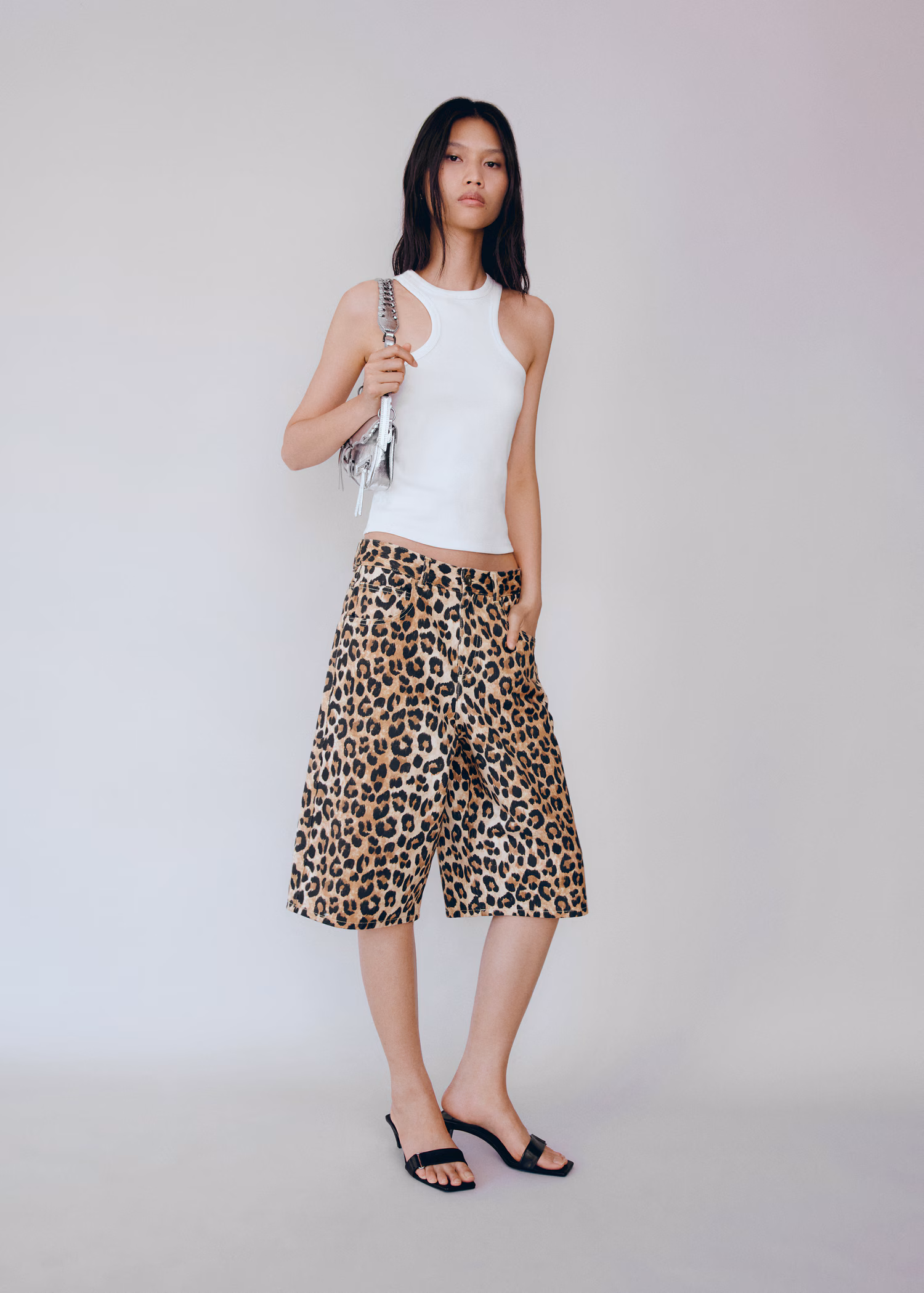 Mango Leopard-Print Denim Bermuda Shorts