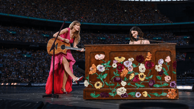 Taylor Swift and Gracie Abrams perform on stage during "Taylor Swift | The Eras Tour" at Wembley Stadium on June 23, 2024 in London, England. (Photo by Gareth Cattermole/TAS24/Getty Images for TAS Rights Management)