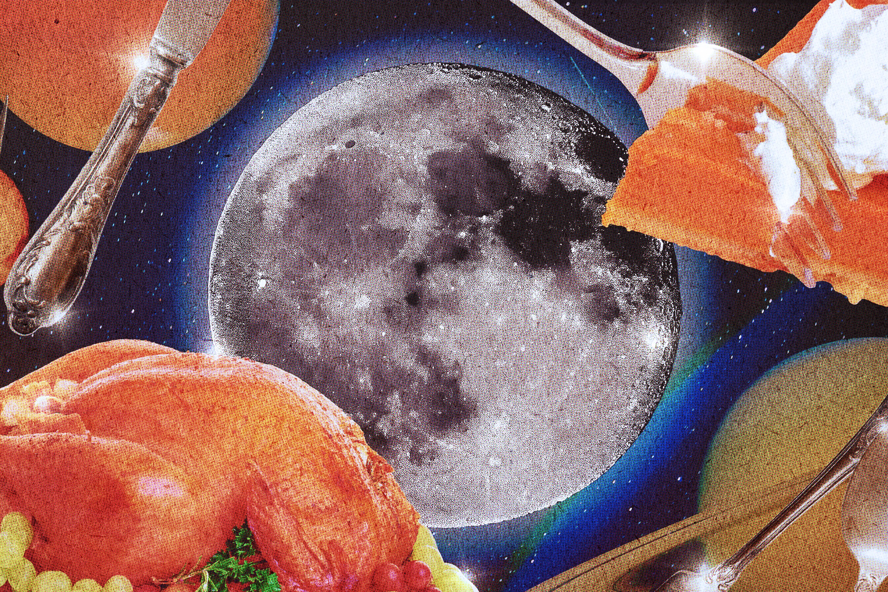 The moon surrounded by classic Thanksgiving dishes, like pumpkin pie and turkey