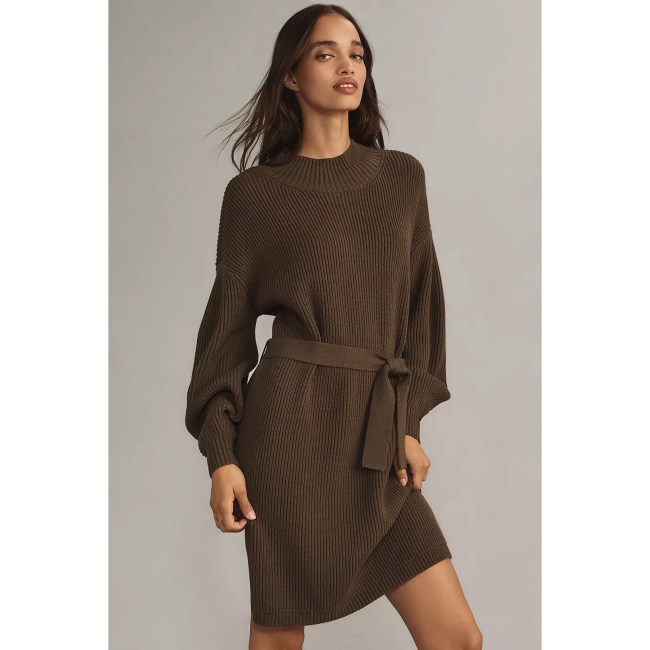 Maeve Long-Sleeve Mock-Neck Tie-Waist Mini Dress