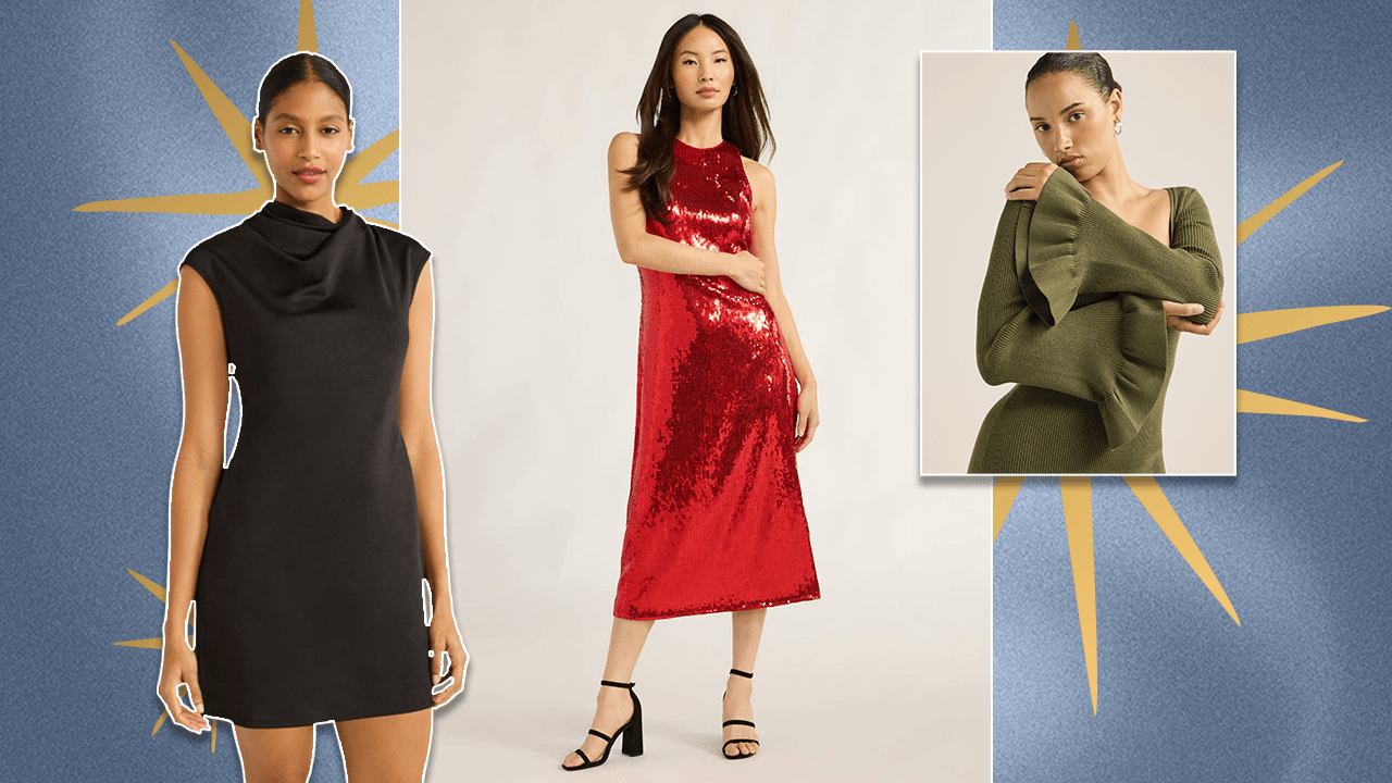 Left to Right: a model wearing a black mini dress with a draped cowl neck, a model wearing a red sequined midi dress, a model wearing a muted green sweater dress with ruffled bell sleeves.