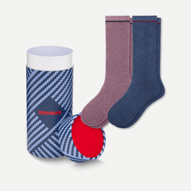 Bombas Men's Cozy Calf Sock 2-Pack Gift Box in navy and cherry colorways.
