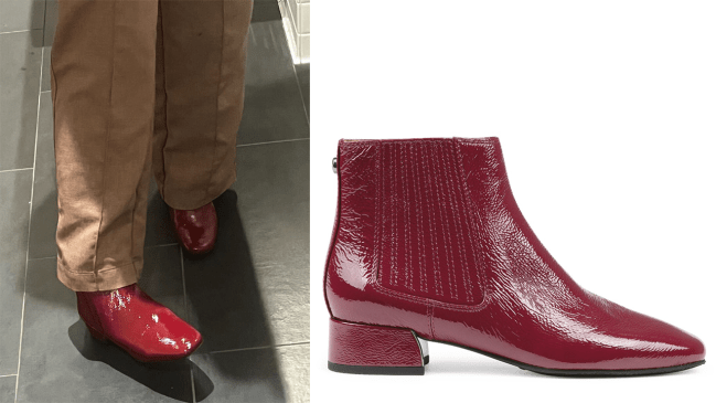 Left: Stephanie wearing the Donald Pliner Dasia boots in Cranberry; Right: a product shot of the Donald Pliner Dasia in Cranberry.