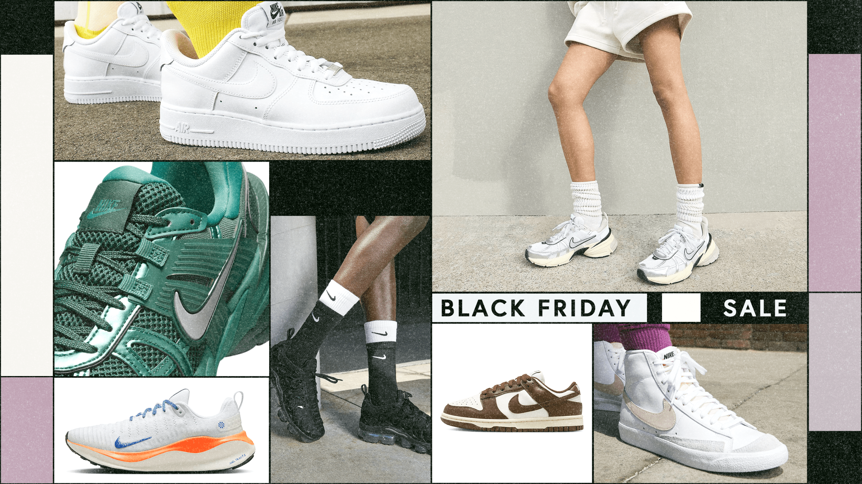 Multiple Nike sneaker product shots and models wearing Nike sneakers.