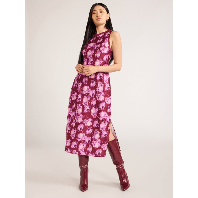 Scoop Crew Neck Satin Midi Tank Dress in Soft Blurr Rhubarb