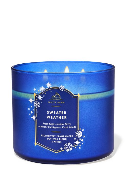 Sweater Weather 3-Wick Candle in a blue jar.