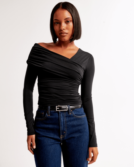 Abercrombie & Fitch Long-Sleeve Off-The-Shoulder Draped Wrap Top in black