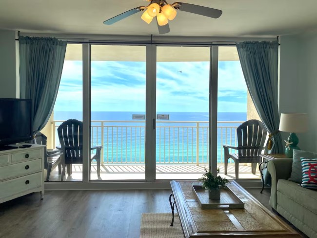 A living room view of the ocean