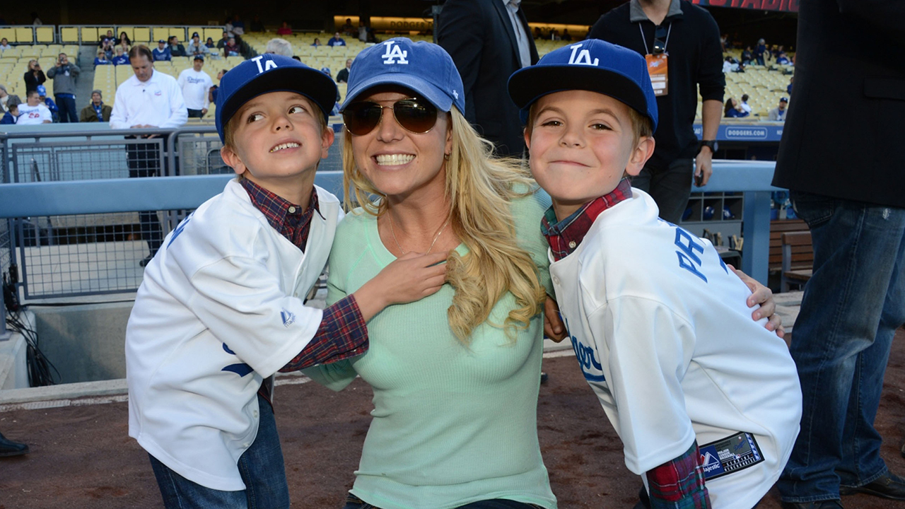 LOS ANGELES, CA - APRIL 17: In this handout photo provided by the LA Dodgers, Britney Spears poses with sons Jayden James Federline (L) and Sean Preston Federline (R) during a game against the San Diego Padres at Dodger Stadium on April 17, 2013 in Los Angeles, California.