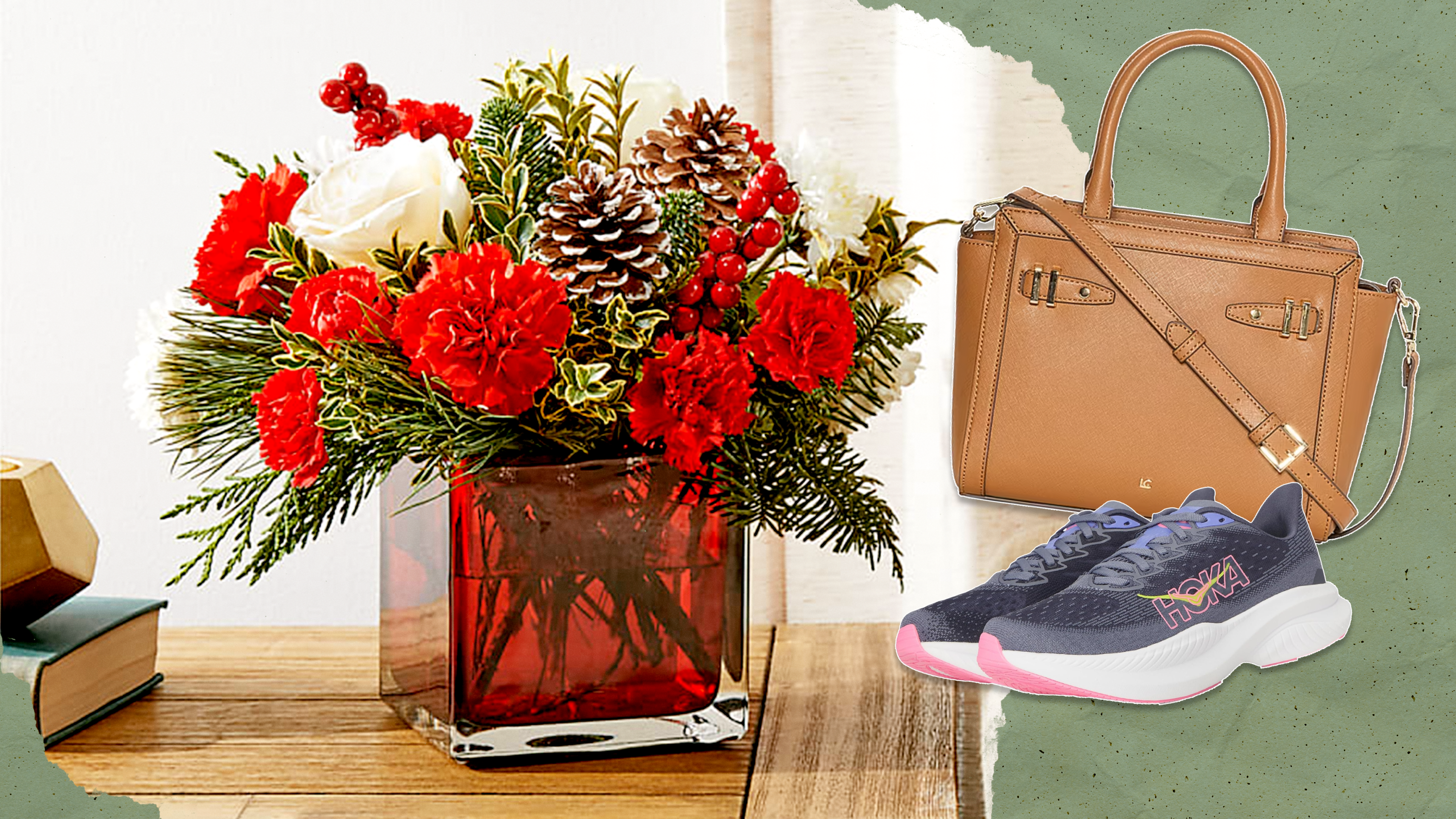 Left: FTD Christmas bouquet; Right: a Liz Claiborne tan/camel tote bag and dark purple/blue/gray Hoka sneakers