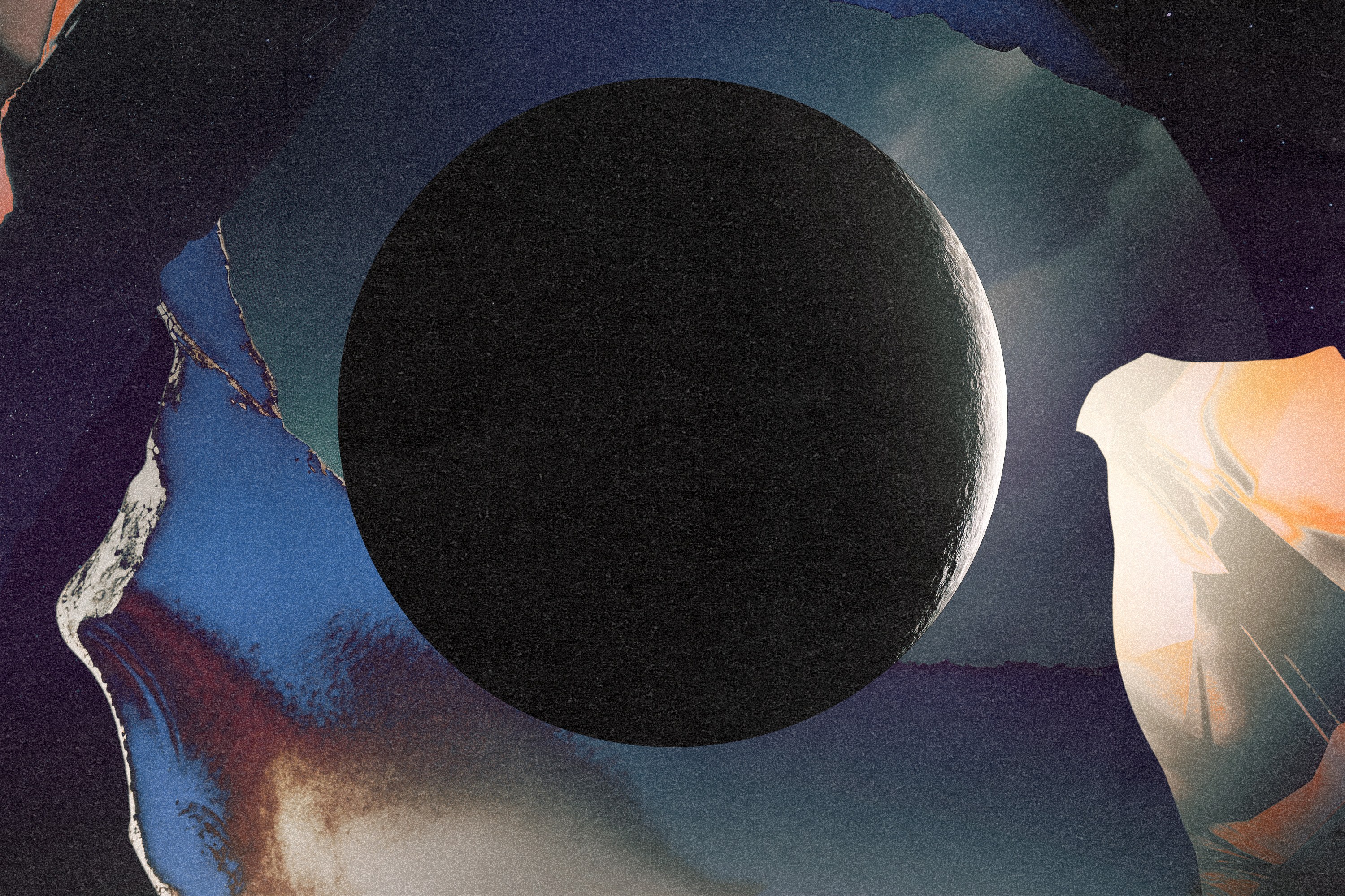 A new moon over a cosmic and abstract twilight sky