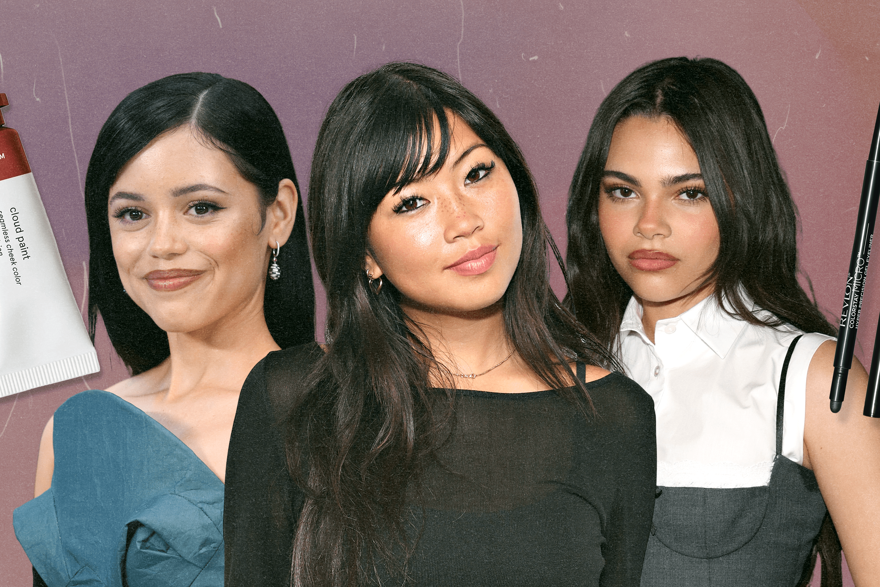 Jenna Ortega, Beabadoobee, and Ariana Greenblatt next to Glossier and Revlon makeup products.