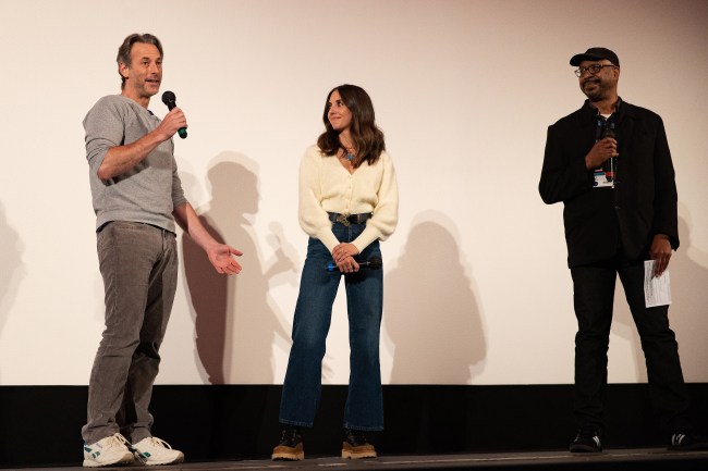 Alison Brie, Jeff Baena, and Stan Shields speak onstage during a screening of the film Spin Me Round during the Seattle Film Festival at the Egyptian Theatre on April 15, 2022 in Seattle, Washington