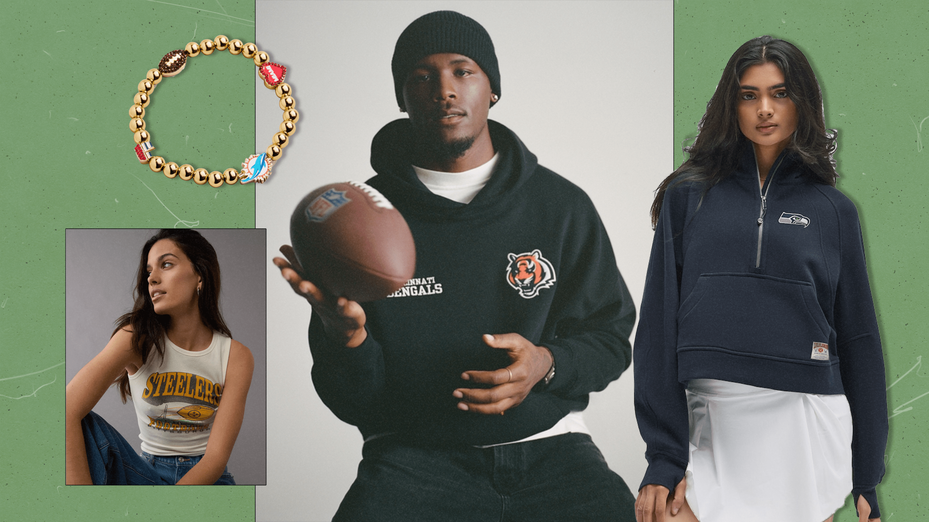 Left to Right: a gold beaded bracelet with football charms from Baublebar; a woman wearing a vintage-looking Steelers tank top from American Eagle; a man with a football wearing a black Bengals sweatshirt from Abercrombie & Fitch; a woman wearing a navy Seahawks half-zip and white skirt from Lululemon.
