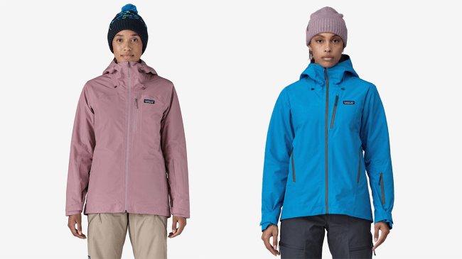 Two models wearing Patagonia ski jackets