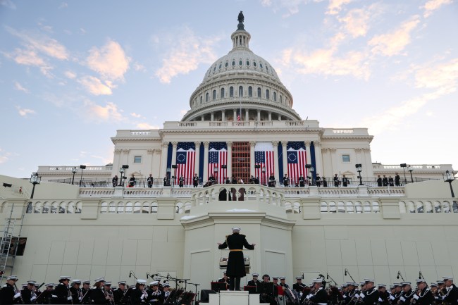 Lieutenant Colonel Ryan Nowlin conducts the “The President’s Own” United States Marine Band during rehearsals for the inauguration on the West Front of the U.S. Capitol on January 12, 2025 in Washington, DC. The Inauguration is set to be held in eight days on January 20, 2025 where US President-elect Donald Trump will be sworn into office.