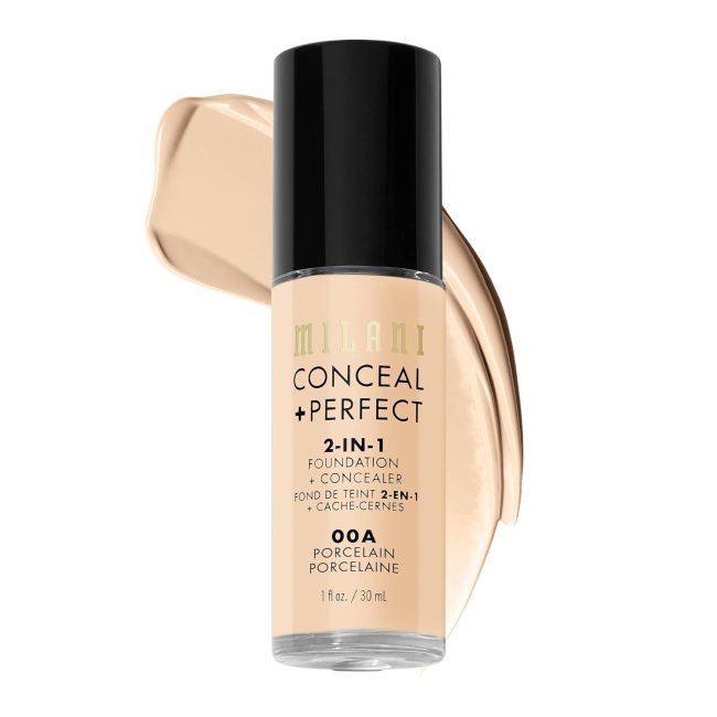 Milani Conceal + Perfect 2-in-1 Foundation + Concealer in a clear bottle.