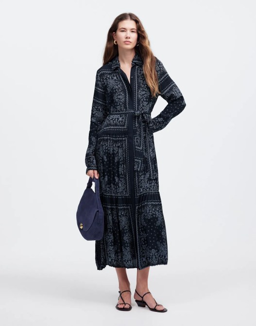 Madewell Relaxed Long-Sleeve Tiered Midi Dress in Bandana