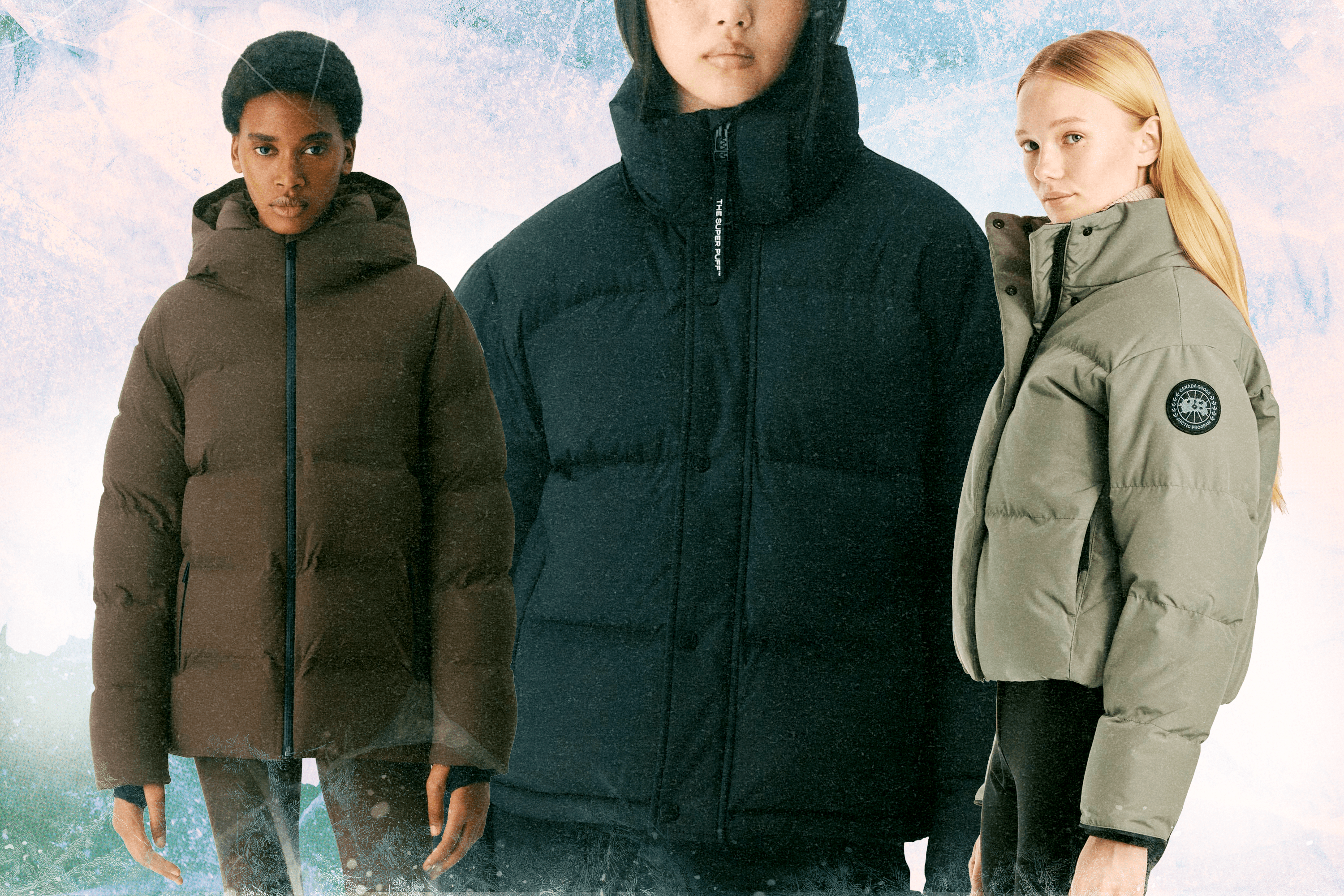 Three models wearing Aritzia and Canada Goose winter coats (dark brown, black, and olive green puffer jackets)