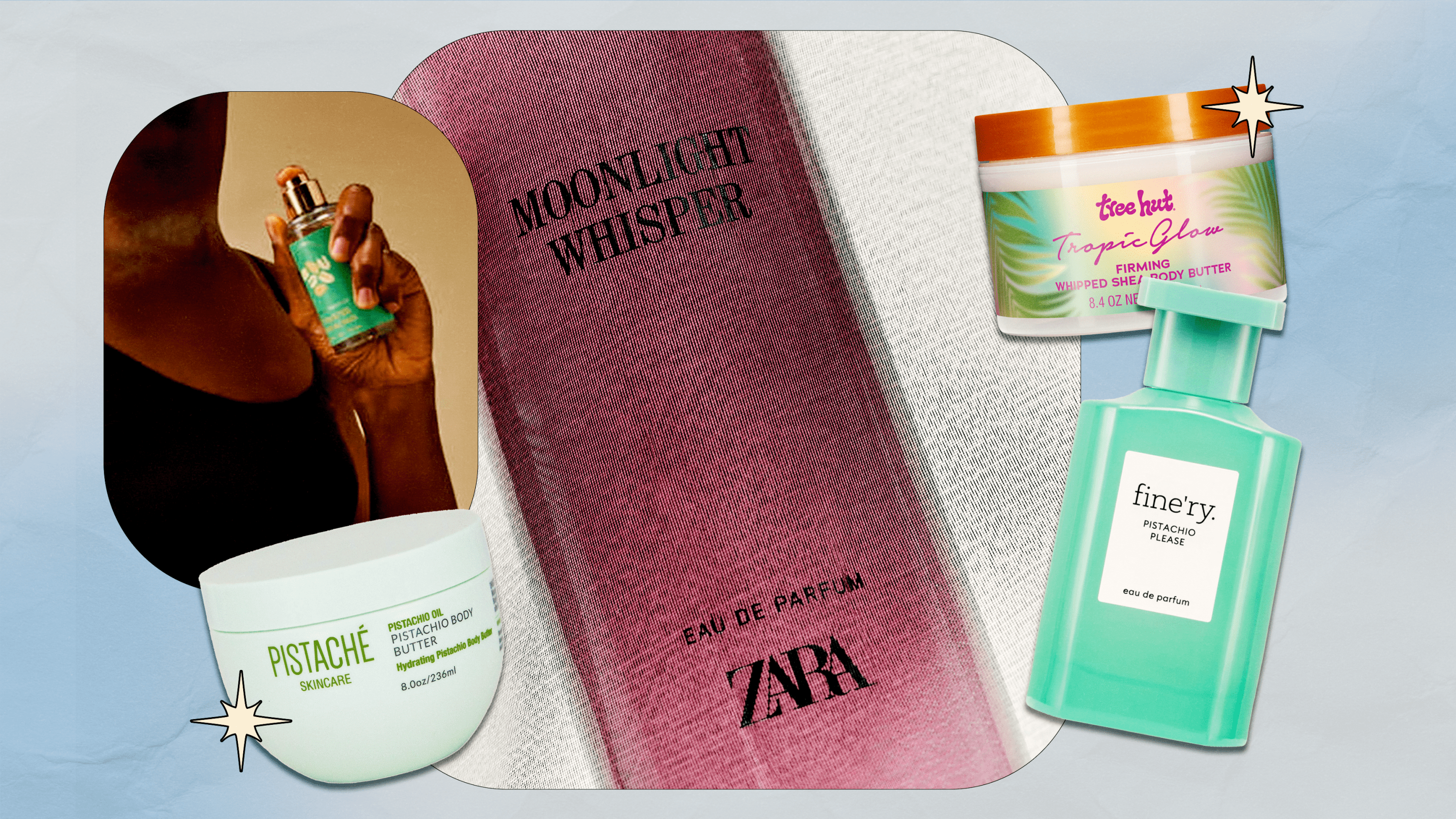 A collage of Bum Bum Cream dupes (featuring products from Bath & Body Works, Pistache, Zara, Tree Hut, and fine'ry).