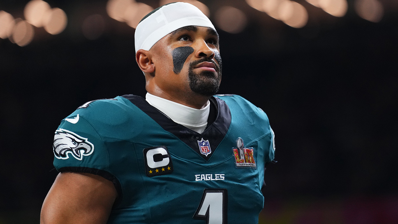 NEW ORLEANS, LA - FEBRUARY 09: Jalen Hurts #1 of the Philadelphia Eagles walks off the field after warmups prior to Super Bowl LIX against the Kansas City Chiefs at Caesars Superdome on February 9, 2025 in New Orleans, Louisiana.