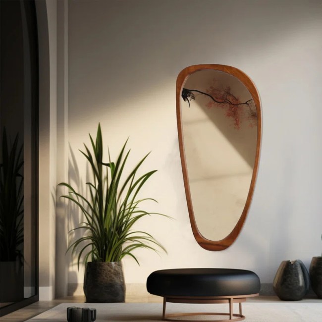A room with an asymmetrical mirror, house plant, and low chair