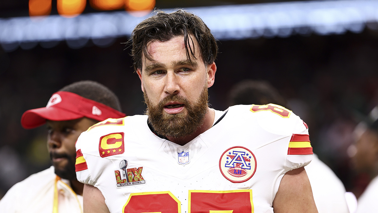 NEW ORLEANS, LOUISIANA - FEBRUARY 09: Travis Kelce #87 of the Kansas City Chiefs reacts on the field before Super Bowl LIX against the Philadelphia Eagles at Caesars Superdome on February 9, 2025 in New Orleans, Louisiana.