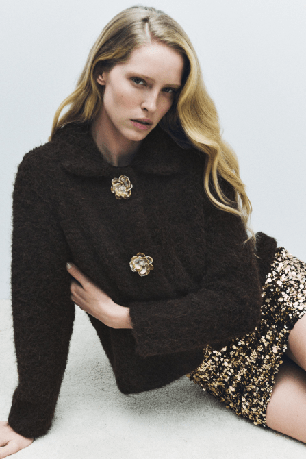 Zara Faux Fur Knit Cardigan With Flower Buttons in chocolate brown