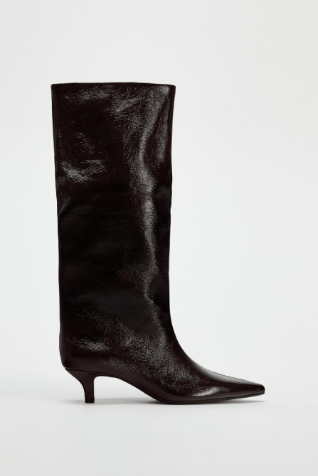 Zara Kitten Heel Knee High Boots in deep burdgundy color