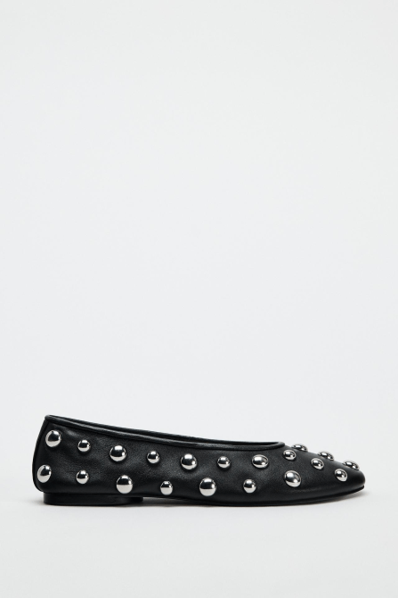 Zara Studded Leather Ballet Flats in black leather with silver studs