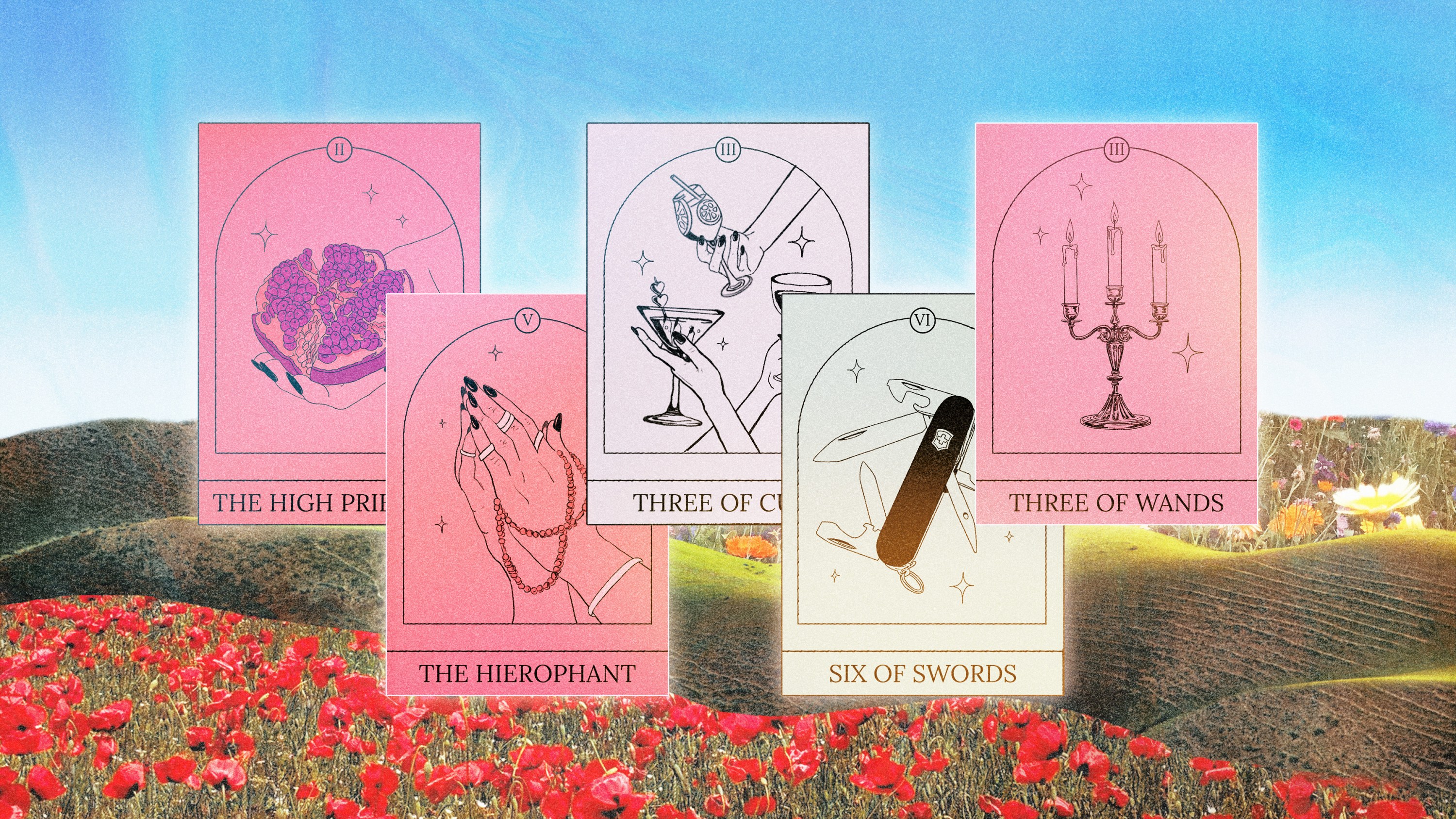 A spread of Tarot cards over over a spring background