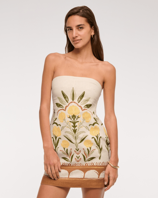 Abercrombie & Fitch Scarlett Strapless Linen-Blend Skort in yellow floral print