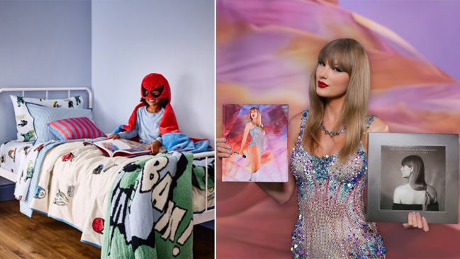 Left: a children's bedroom with a kid sitting on a twin bed; Right: Taylor Swift holding her Eras Tour Target exclusive book and her 'The Tortured Poets Department' vinyl record.