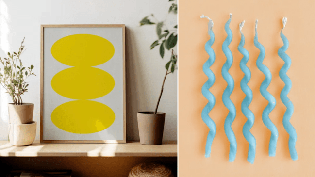Left: an abstract white and yellow framed print or painting on a bench; Right: five light blue squiggly candles.
