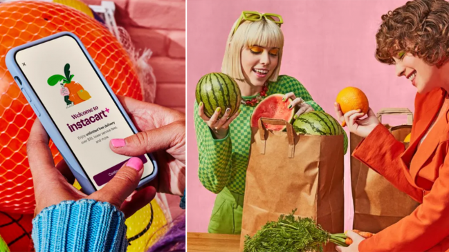 Left: Someone using the Instacart+ app on an iPhone; Right: two people unpacking fruit from a brown grocery bag.