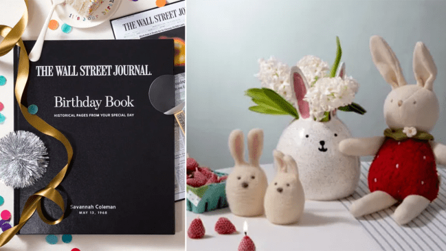 Left: The Wall Street Journal Birthday Book; Right: cute bunny Easter decorations on a table.