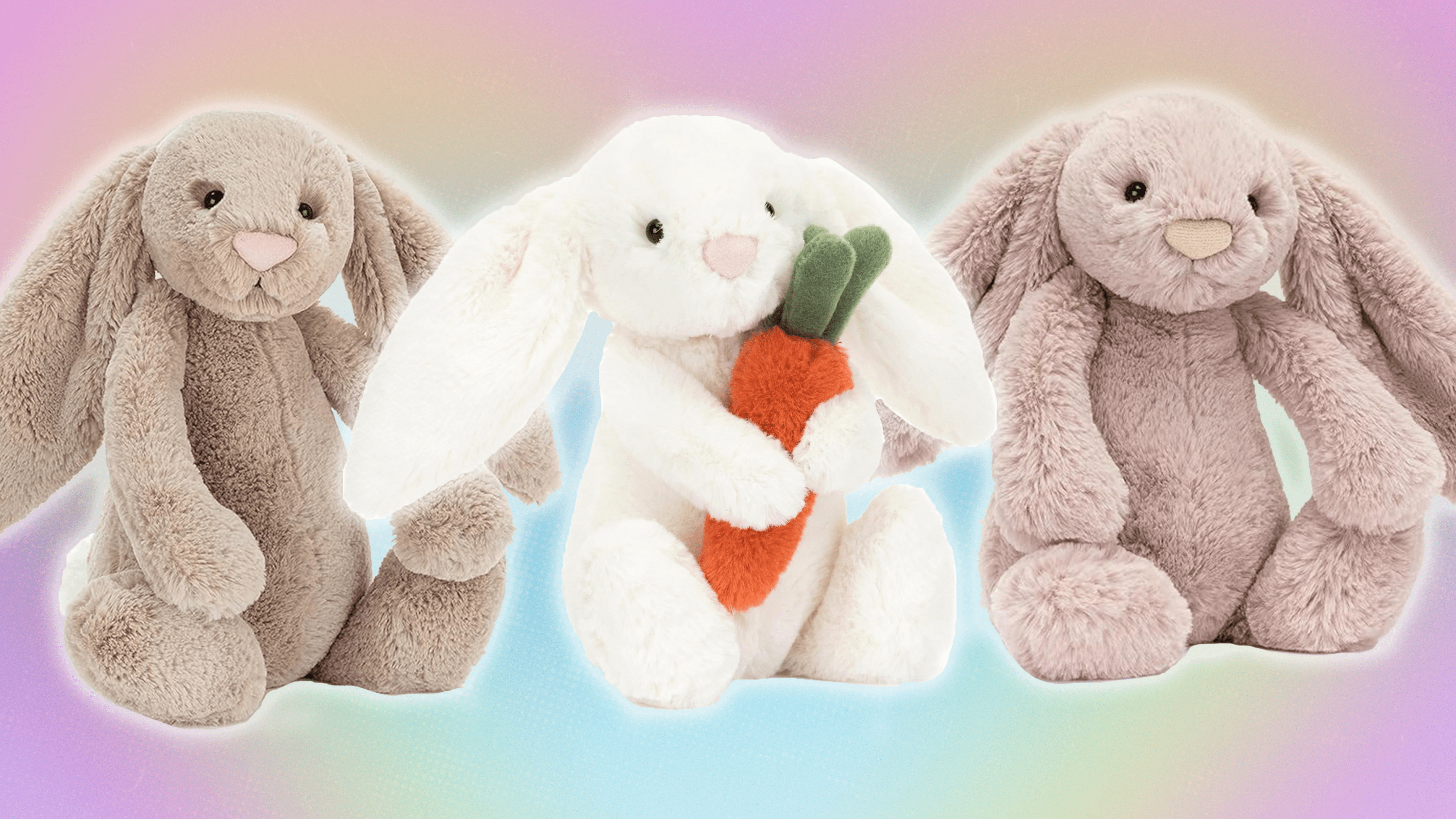 Three Easter bunny Jellycat stuffed animals in a row with a rainbow heart background.
