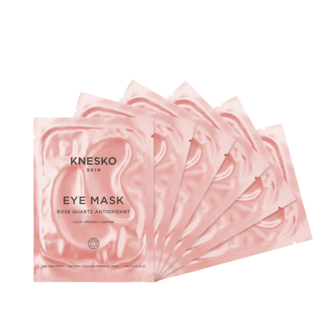 Knesko Rose Quartz Antioxidant Collagen Eye Mask in pink packaging.