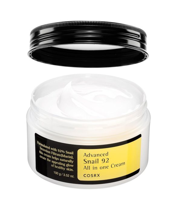 COSRX Snail Mucin Face Moisturizer in a clear jar.