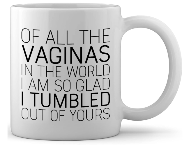 A mug with the text 'Of All The Vaginas In The World I Am So Glad I Tumbled Out Of Yours'