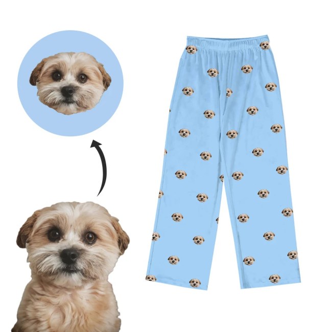 A collage of a dog and a pair of blue pajama pants with the dog's face printed on them