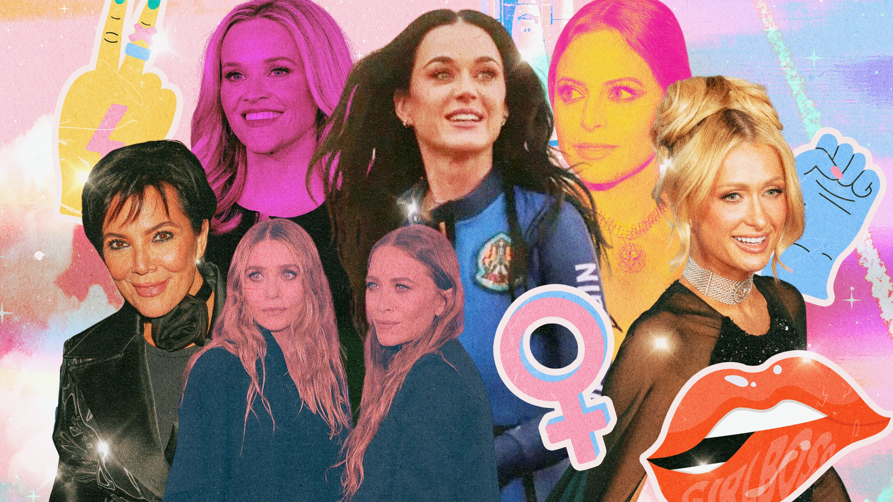 A collage of famous girlboss feminists, including Katy Perry, Kris Jenner, and Paris Hilton.