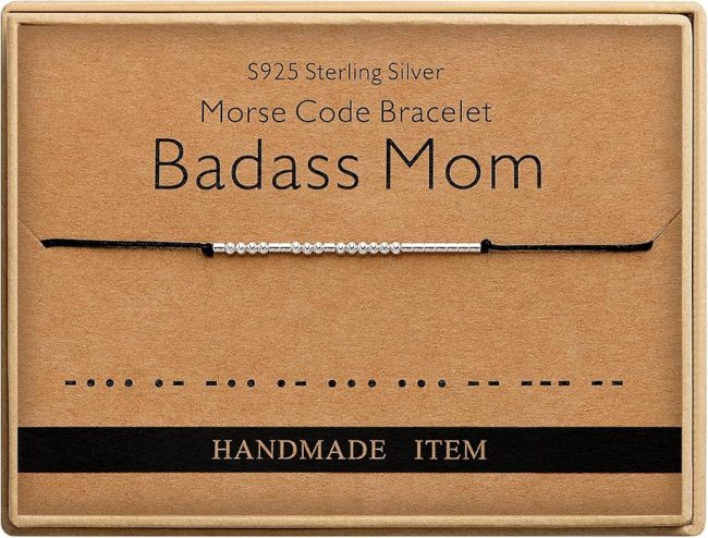 A box with a bracelet labeled, 'Morse Code Bracelet Badass Mom'