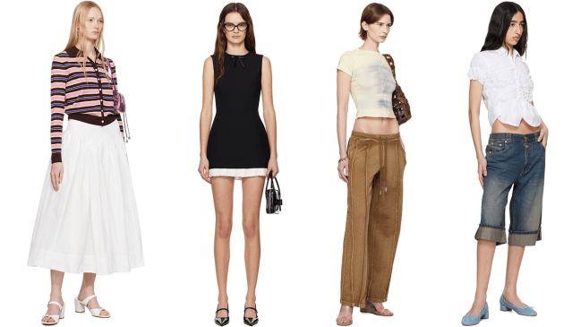 SSENSE models wearing Sandy Liang, Shushu/Tong, Eckhaus Latta, and Gimaguas clothing.