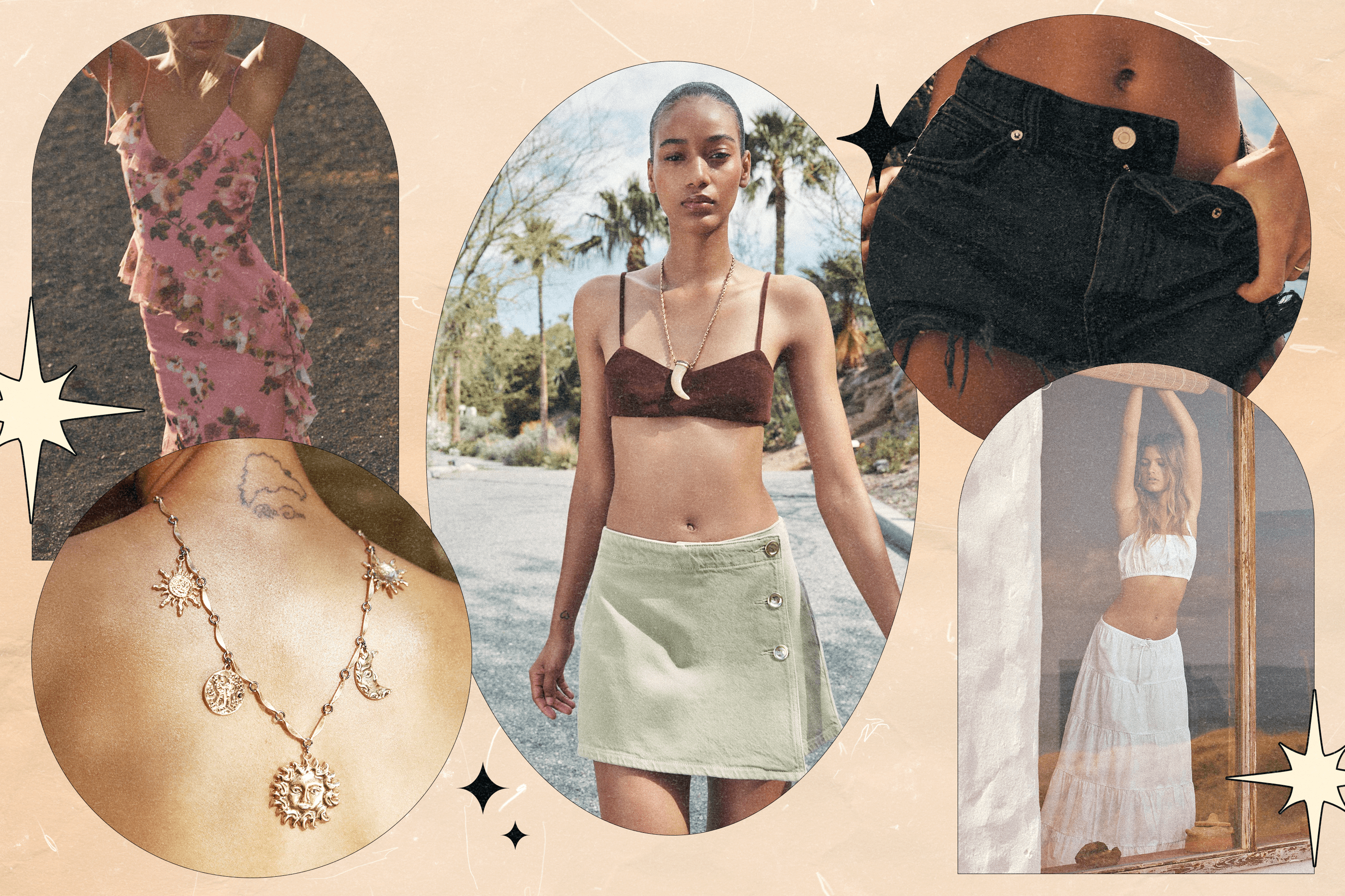 Five models wearing clothing and accessories from Zara's festival collection