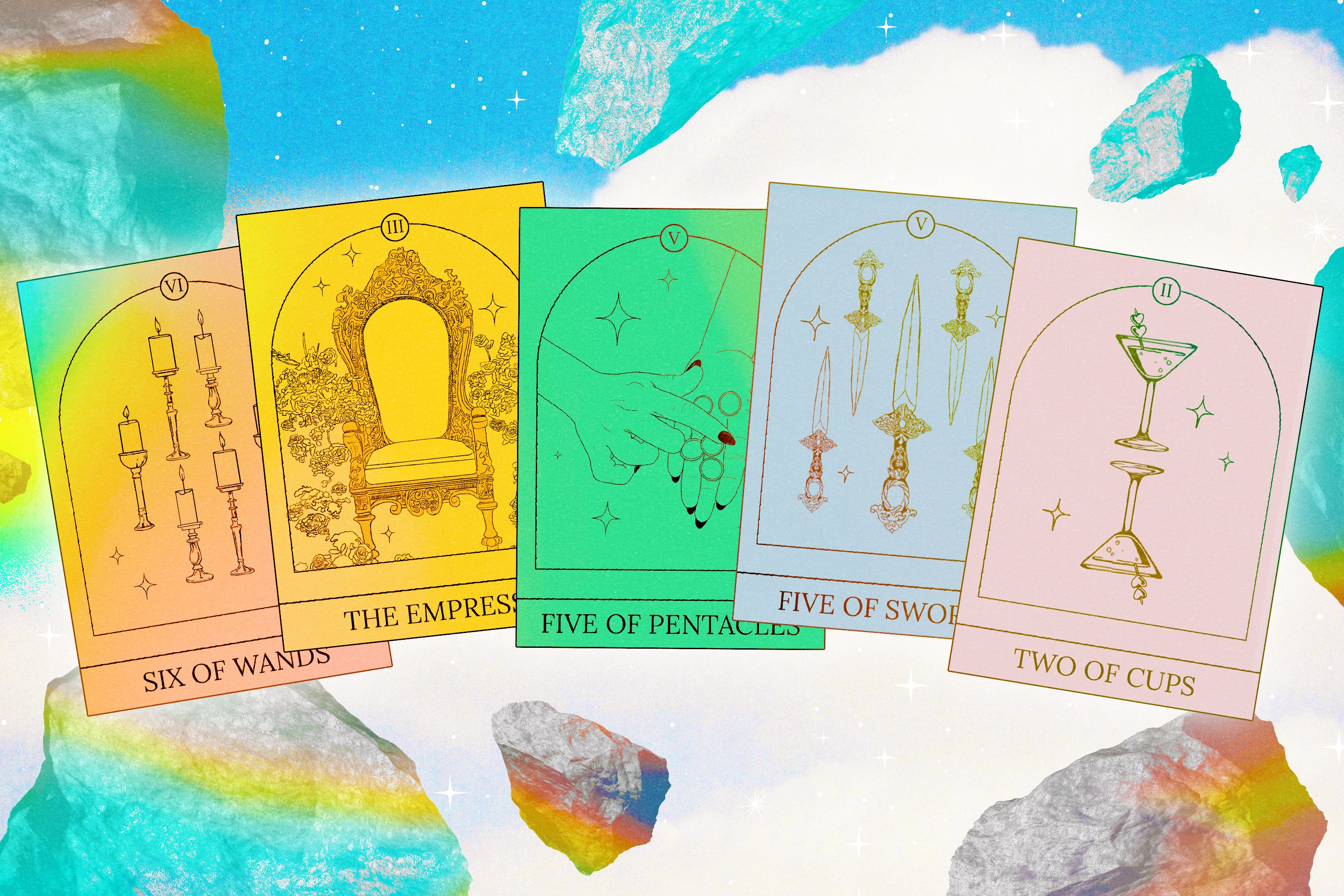 A series of Tarot cards over a rainbow in the sky, surrounded by comets