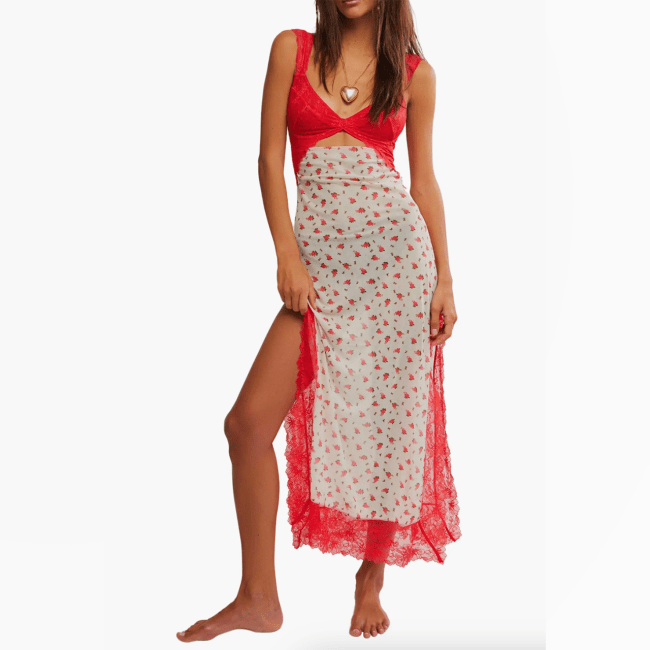 A model wearing the Free People Suddenly Fine Floral Print Cutout Lace Trim Nightgown.