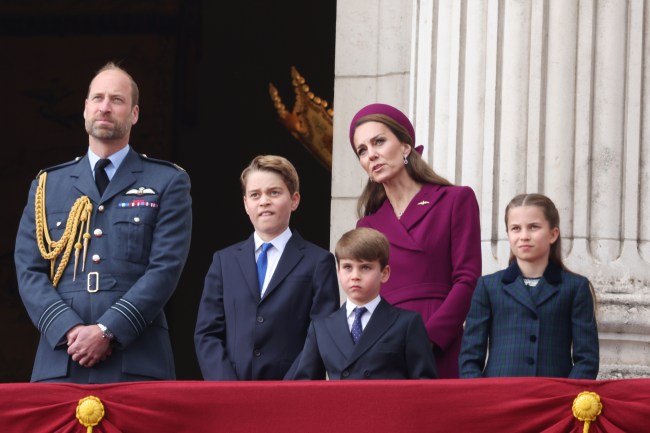 LONDON, ENGLAND - MAY 05: (L-R) Prince William, Prince of Wales, Prince George of Wales, Prince Louis of Wales, Catherine, Princess of Wales and Princess Charlotte of Wales on the balcony of Buckingham Palace during the military procession to mark the 80th anniversary of VE Day on May 05, 2025 in London, England. The King and Queen, joined by Members of the Royal Family, will take part in events from May 5th to May 8th to commemorate the 80th anniversary of VE Day, which signalled the end of the Second World War in Europe.